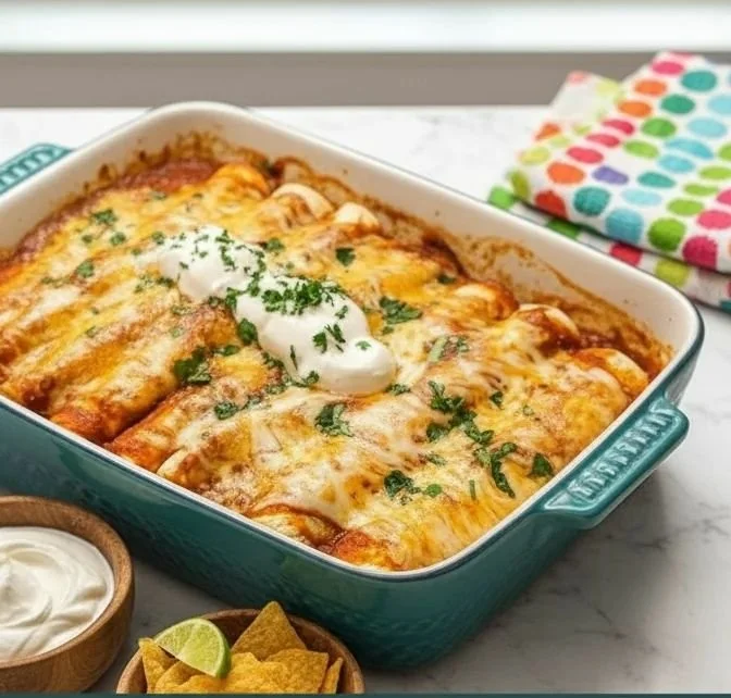 Delicious Chicken Enchiladas topped with sauce and garnished with fresh cilantro