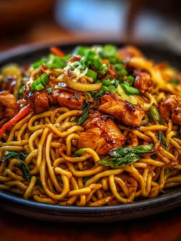 Delicious Chicken Teriyaki Noodles served in a bowl with colorful vegetables.