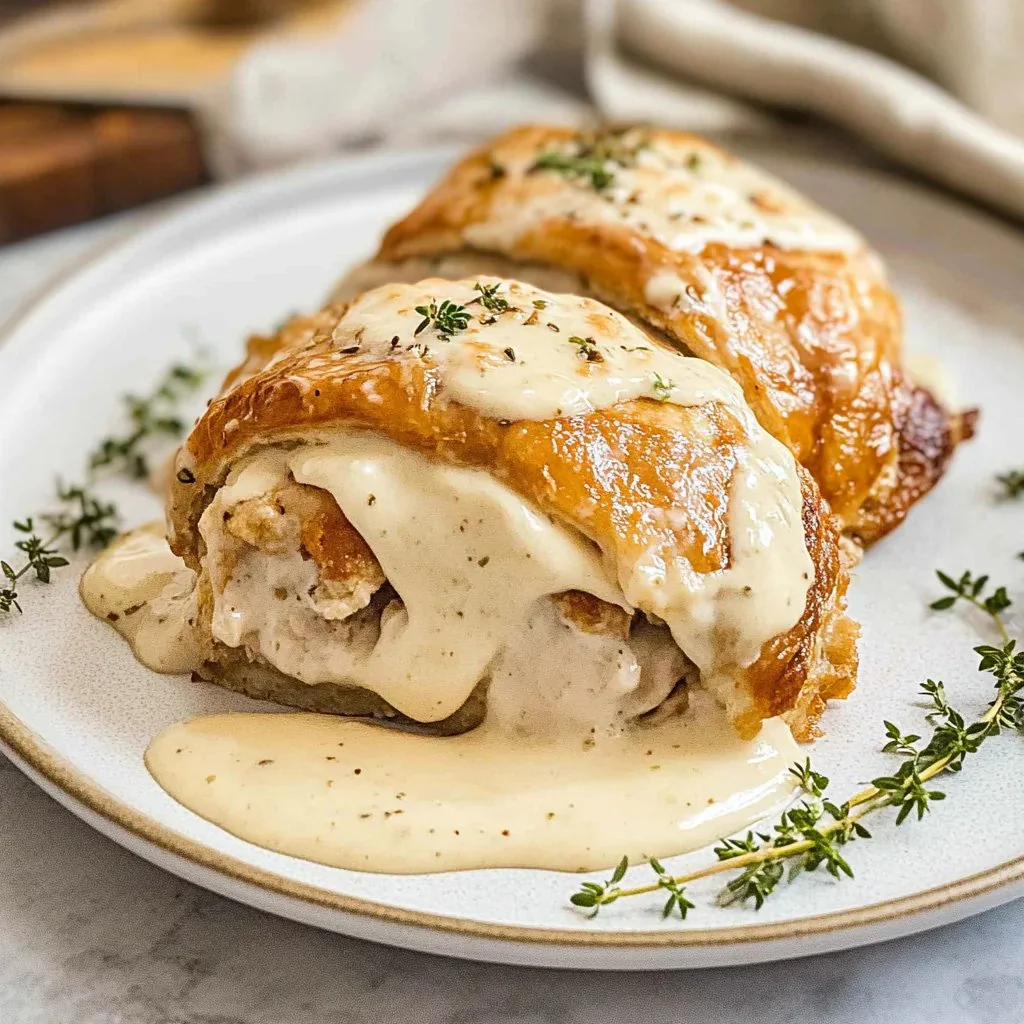 Delicious Chicken Wellington with Dijon cream sauce on a plate