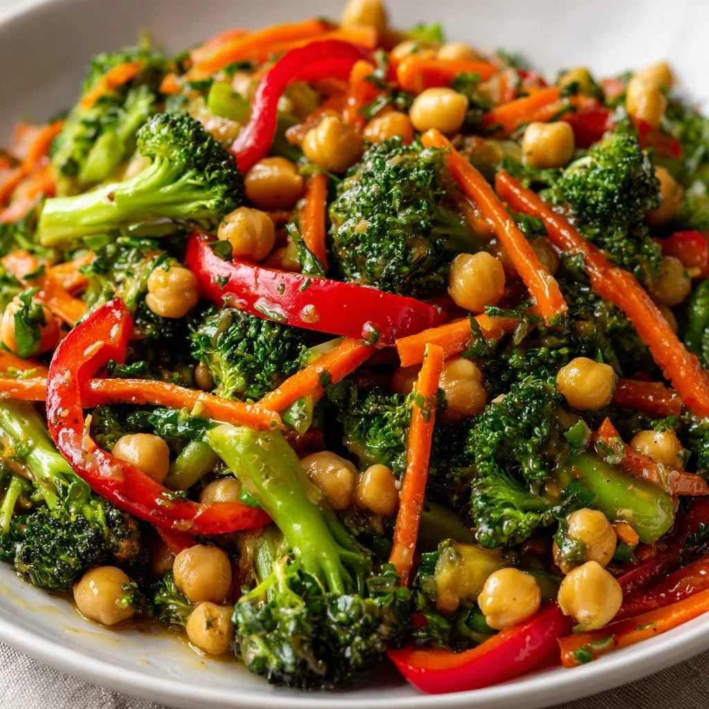 Chickpea broccoli stir fry served in a bowl with garlic sauce