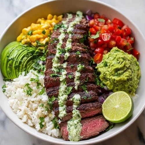 Cilantro Lime Steak Bowls with fresh veggies and lime dressing
