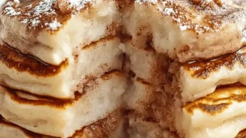Fluffy cinnamon roll pancakes drizzled with icing on a plate
