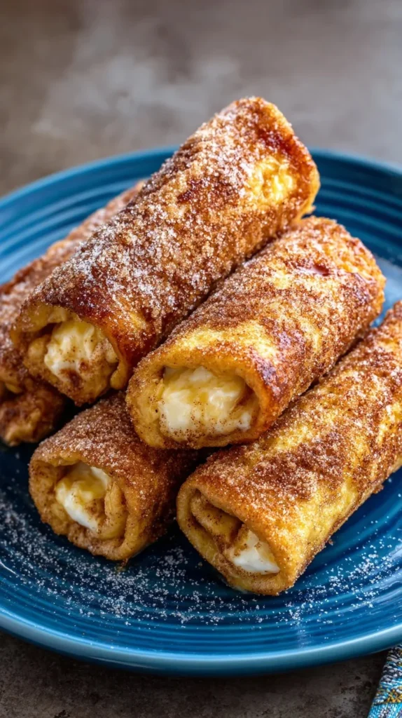 Cinnamon Sugar French Toast Roll-Ups served on a plate with syrup