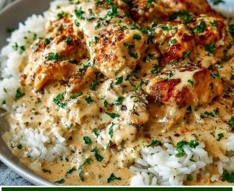 Creamy chicken and rice dish served in a bowl with herbs and spices.