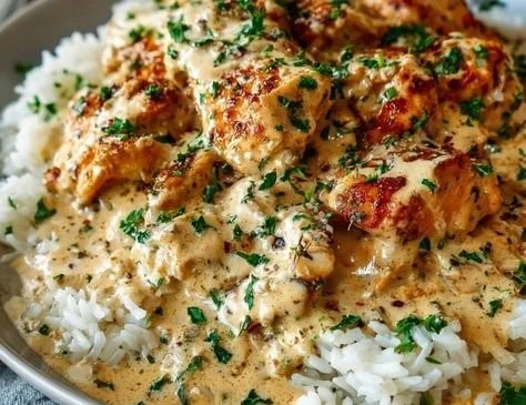 Delicious creamy chicken and rice served in a bowl with herbs on top.