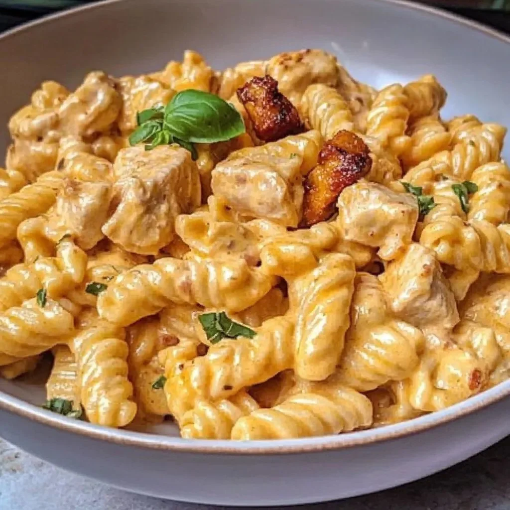 Creamy chicken feta pasta dish served in a bowl with herbs.