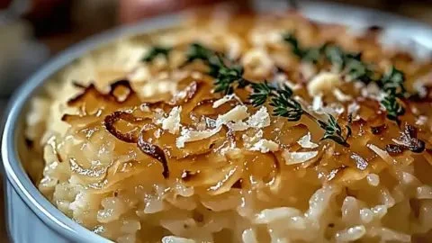 Creamy French Onion Butter Rice served in a bowl, garnished with herbs.