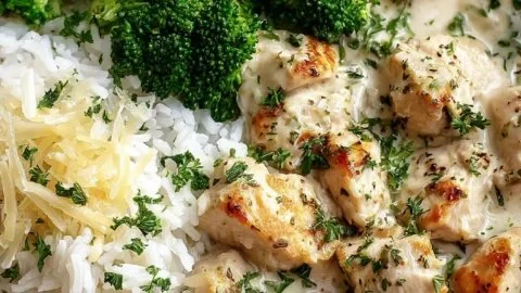 Creamy Garlic Chicken Rice Bowl topped with fresh herbs and vegetables