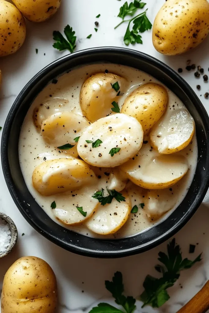 Delicious creamy garlic sauce baby potatoes served in a bowl