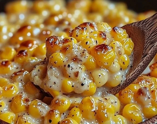 Creamy honey butter skillet corn in a rustic cast iron skillet