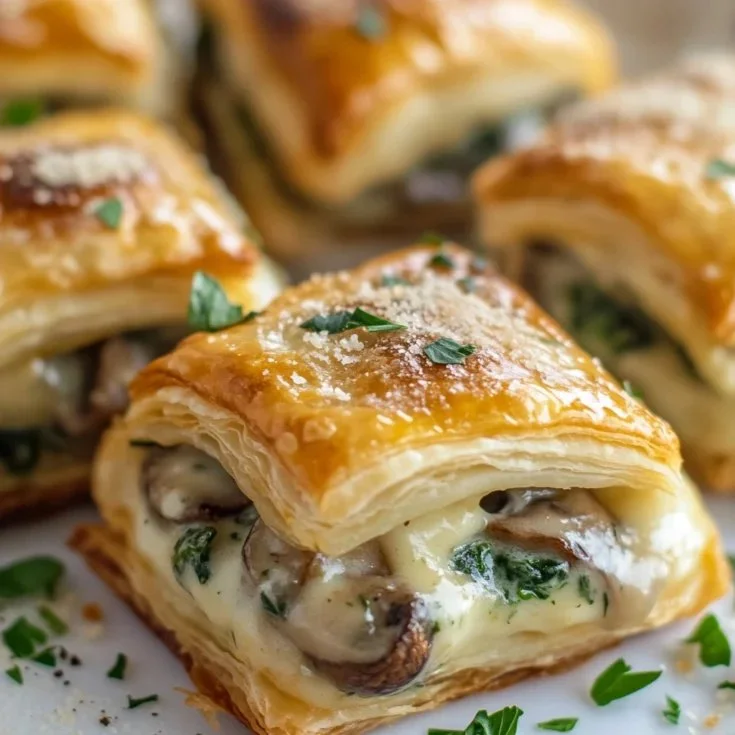 Creamy mushroom and spinach stuffed pastry bites on a serving platter