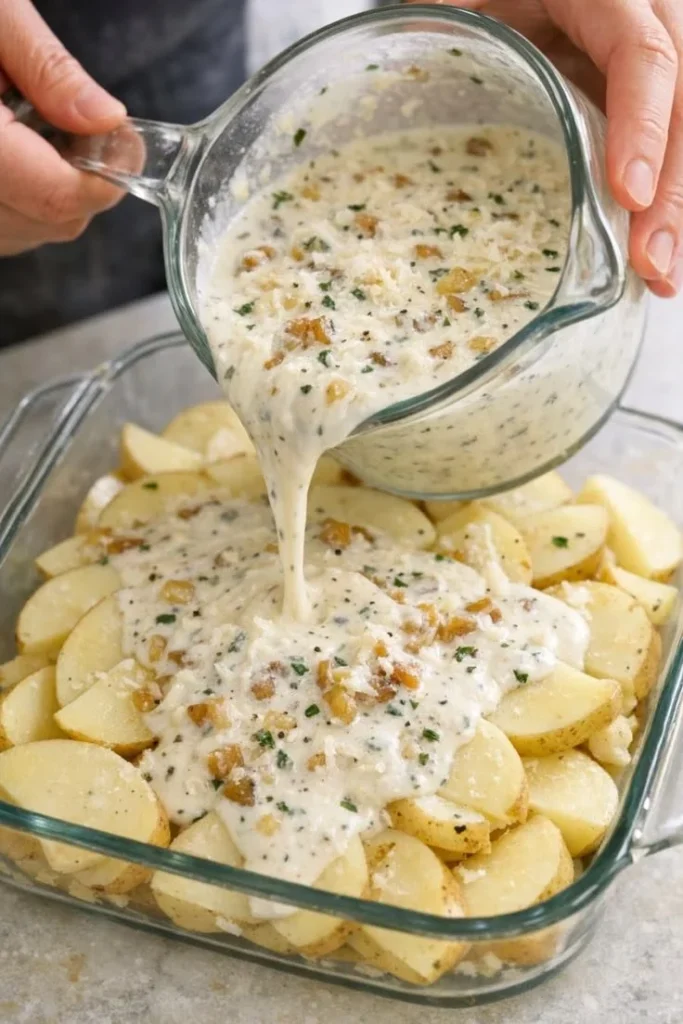 Creamy potato casserole baked to perfection, topped with cheese and herbs.