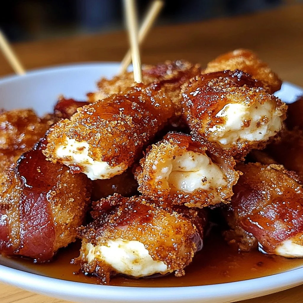 Crispy bacon mozzarella poppers with a sweet maple glaze on a plate