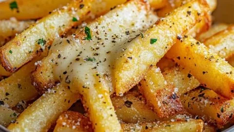 Plate of crispy baked parmesan garlic fries garnished with herbs