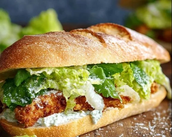 Crispy Chicken Caesar Sandwich with lettuce and dressing on a plate