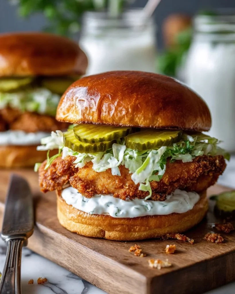 Crispy dill chicken sandwich with fresh herbs and toppings