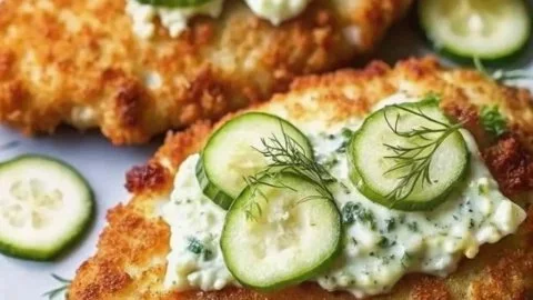 Crispy Dill Pickle Chicken garnished with parmesan and served on a plate