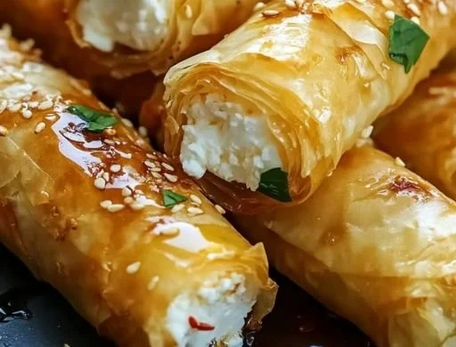 Golden and crispy feta rolls served on a plate