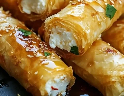 Delicious crispy feta rolls on a serving plate