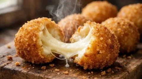 Plate of crispy mozzarella cheese balls served with dipping sauce