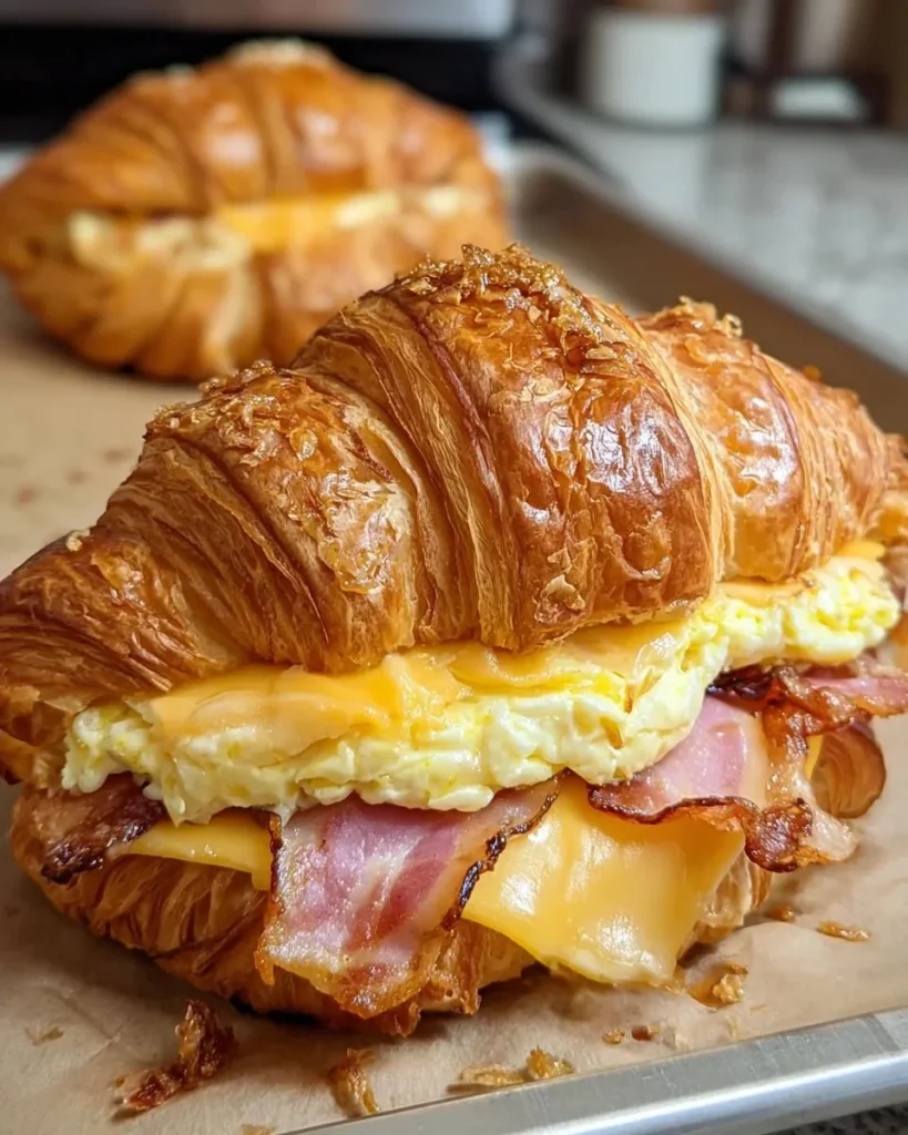 Delicious croissant breakfast sandwich with egg, cheese, and ham on a wooden table.