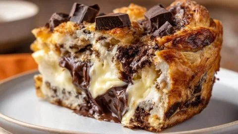 Decadent chocolate bread pudding with cream cheese topping on a plate