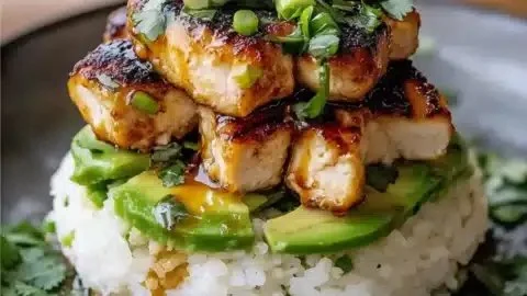 Honey Lime Chicken served with Avocado Rice Stack on a plate