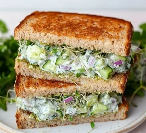 Easy cucumber salad sandwiches with fresh vegetables and herbs