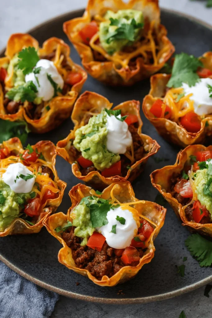 Delicious easy taco cups served on a plate, perfect for party snacks.