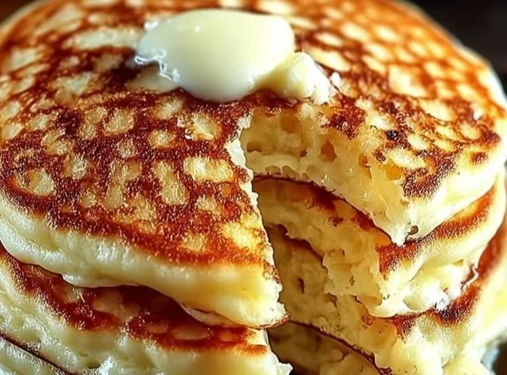 Flourless cottage cheese pancakes stacked on a plate with fresh berries