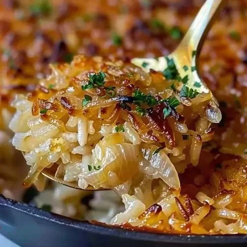Delicious bowl of French Onion Butter Rice garnished with herbs.