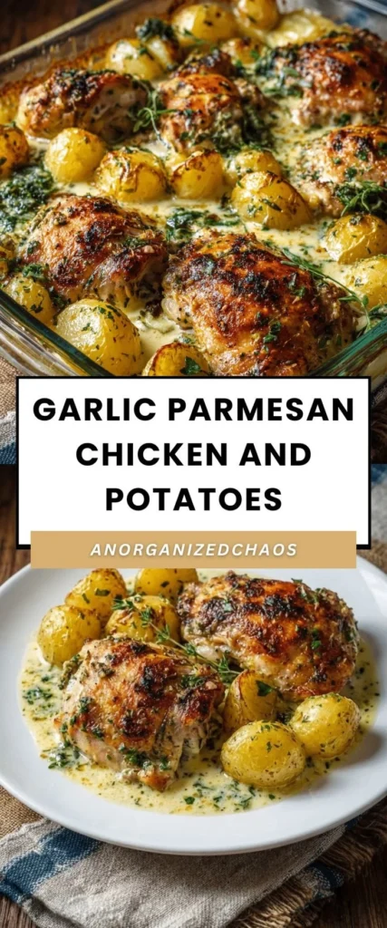 Plate of Garlic Parmesan Chicken served with roasted potatoes