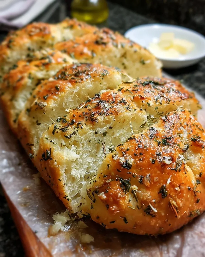 Loaf of garlic parmesan herb bread topped with herbs and melted cheese