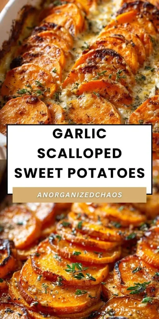 A creamy dish of Garlic Scalloped Sweet Potatoes topped with cheese and herbs.