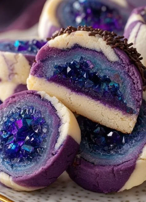 Beautiful geode cookies decorated with edible crystals and vibrant colors.