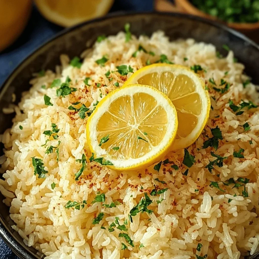 Bowl of Greek lemon rice garnished with lemon slices and herbs