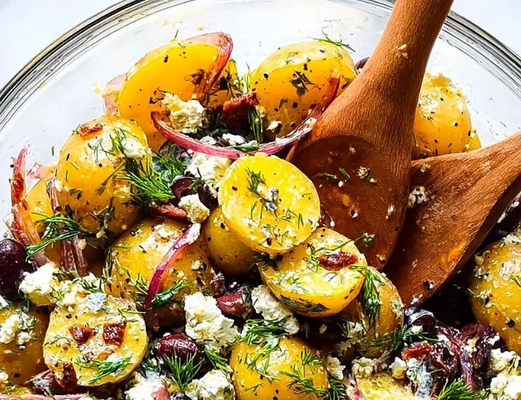 Greek potato salad with olives, feta cheese, and fresh vegetables