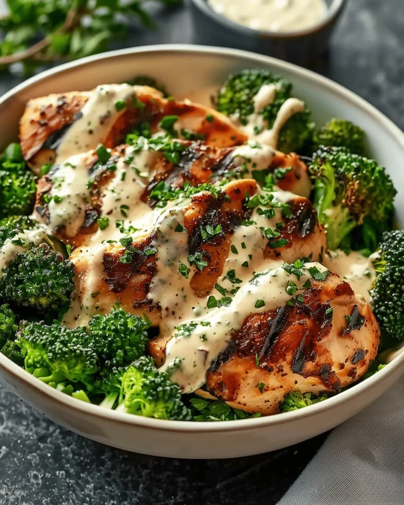 Grilled chicken and broccoli bowl topped with creamy garlic sauce on a plate.