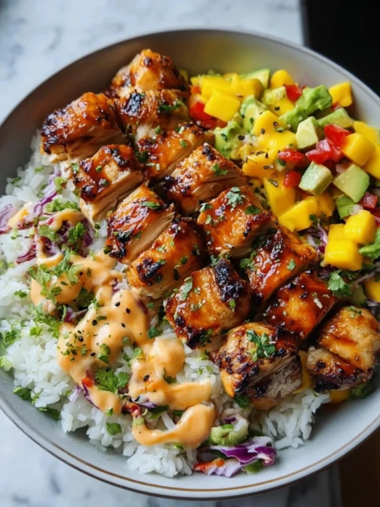 Grilled maple sriracha chicken bites served with coconut rice and mango avocado salsa.