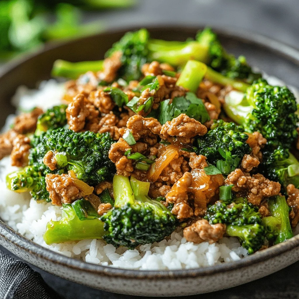 Ground chicken and broccoli stir fry served in a bowl with chopsticks