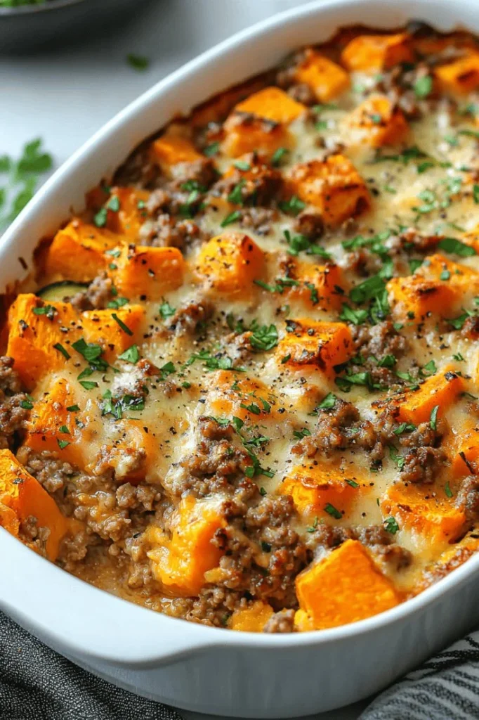 Delicious Ground Turkey Sweet Potato Bake served in a casserole dish