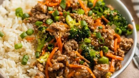 Ground Turkey Teriyaki Stir Fry dish served in a bowl with vegetables