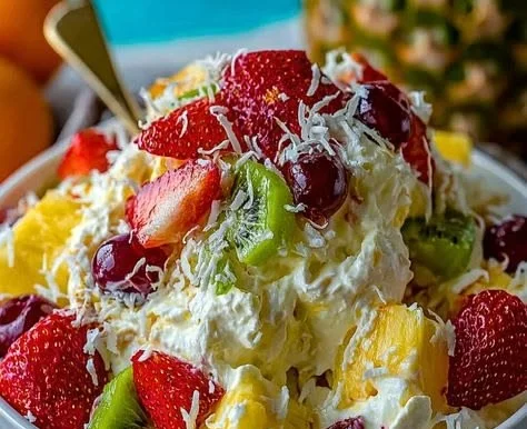 Delicious Hawaiian Cheesecake Salad with tropical fruits and creamy cheesecake layers.