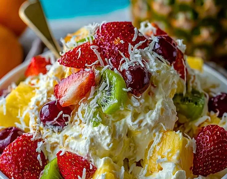 Delicious Hawaiian Cheesecake Salad with tropical fruits and creamy filling