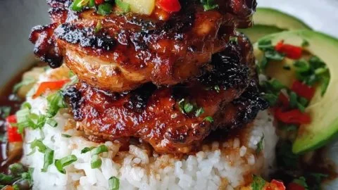 Hawaiian Turn Turn Chicken Stack garnished with fresh herbs and pineapple.