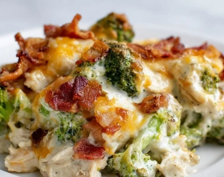Healthy low carb chicken broccoli casserole in a baking dish