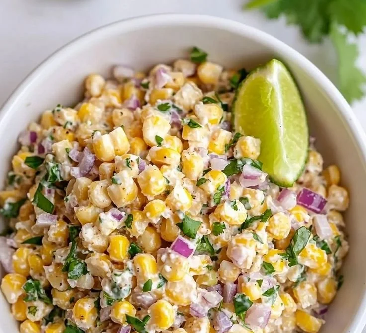 Healthy street corn salad topped with Greek yogurt and fresh ingredients