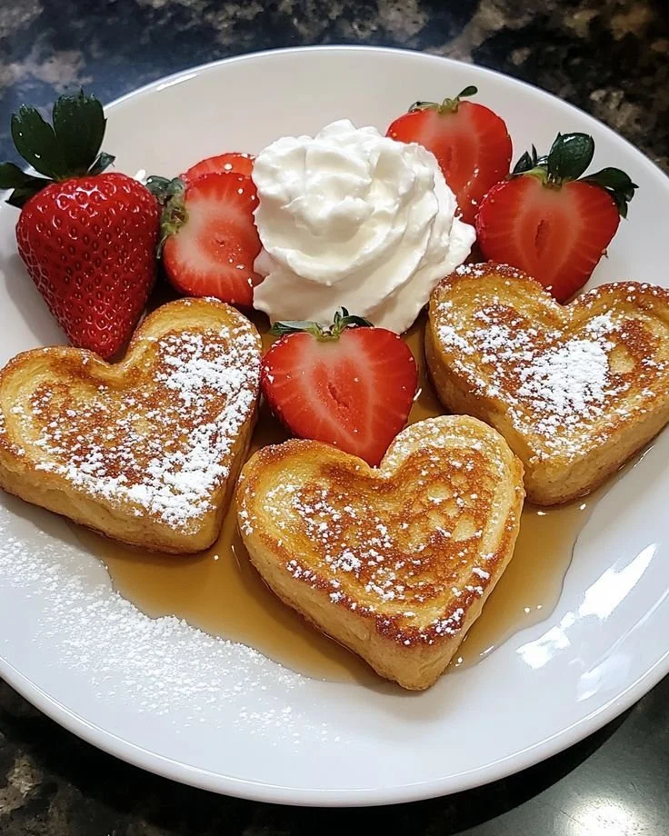 Heart-shaped French toast topped with berries and syrup on a plate