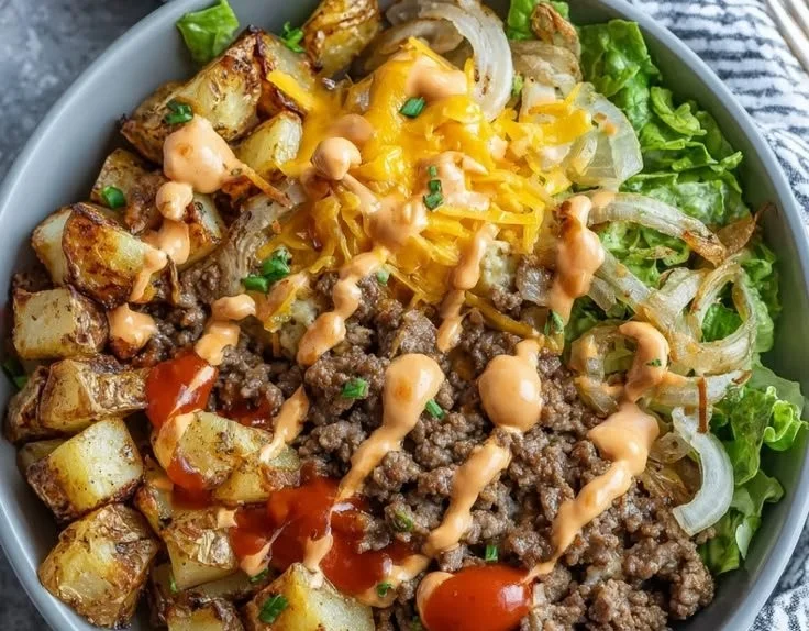 High protein smash burger bowl with fresh ingredients and toppings
