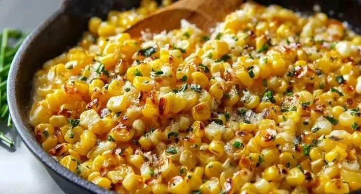 Honey butter skillet corn dish served in a skillet, showcasing its sweet butter glaze.